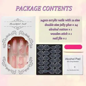 24 Pcs Long Square Press On Nails | Planet Pearl Flower Design Fake Nail Tips For Women