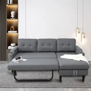 2-in-1 Design Pull Out Sleeper Sofa, Modern Upholstered L-Shaped Sofa with 2 Cup Holders & Side Storage Pocket, 3-Seat Storage Chaise Sectional Sofas for Living Room Office Apartment,