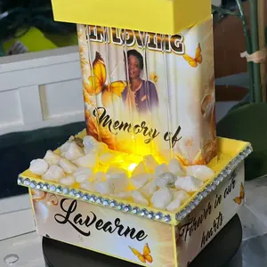 Yellow Desktop Memorial Waterfall Fountain with Personalized Photo & Butterfly Design with added name/ photo/ and dates attached - Forever in Our Hearts.   with optional added diamonds around the outline of fountain.