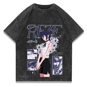 Chainsaw Man Reze Vintage Washed Graphic T-Shirt, Distressed Anime Print Tee, Oversized Cotton Streetwear For Fans