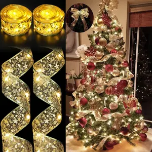 4Pack or 2 Pack Christmas Tree Decorations, Total 65/32 Ft 200/100 Led Gold Christmas Tree Ribbon Lights Battery Powered Dual-Layer Ribbon Bows for Home Party Holiday Happy New Year Wreath Christmas Tree Decor Xmas Decor Ornament