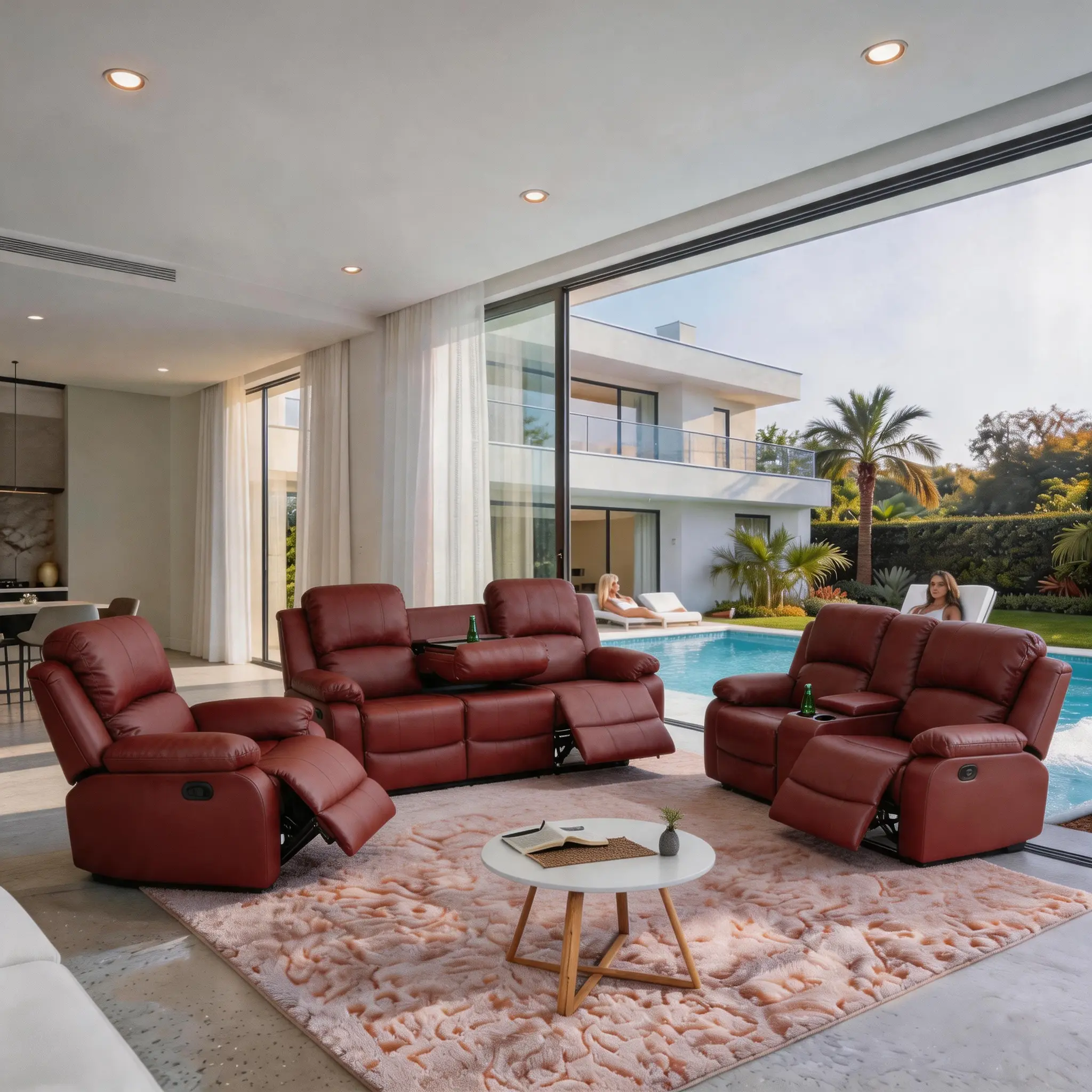 AINEHEOM Red Semi-PU Leather Durable 3-Piece Recliner Sofa Set, Contemporary Indoor Living Room Furniture for Guests, with Adjustable Backrest, Breathing Material Armchairs, Recliners