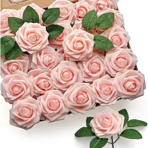 Mocoosy 50Pcs Artificial Rose Flowers, Blush Pink Roses Realistic Foam Fake Rose Bulk with Stem for DIY Wedding Bridal Shower Bouquets Centerpieces Home Party Floral Arrangements Decorations