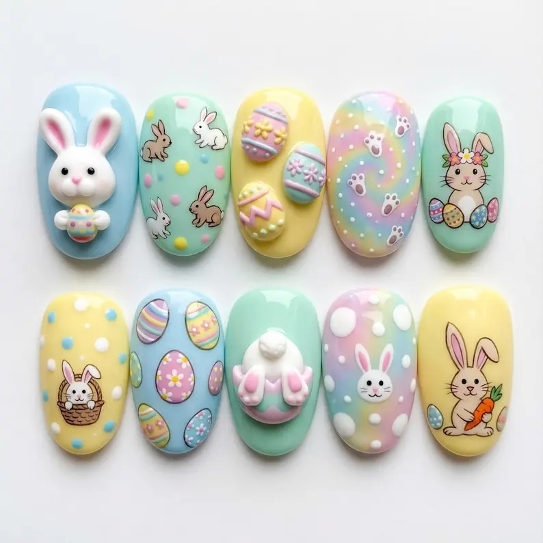 Easter Bunny Press On Nails, 3D Bunny & Eggs, Pastel Candy Colors