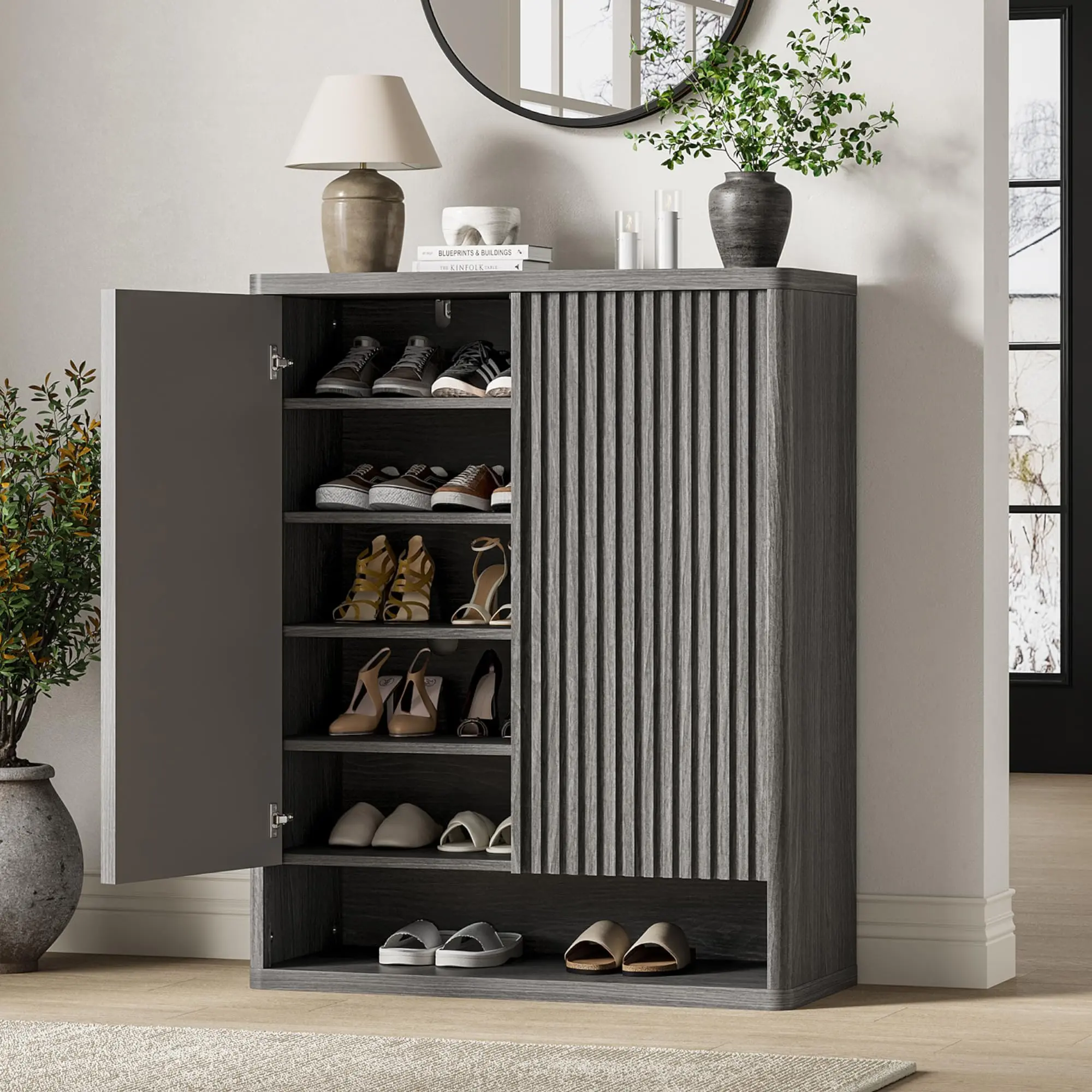 31.5 Inch Shoe Storage Cabinet with Fluted Door, Large Wooden Shoe Organizer with Adjustable Shelves, Freestanding Entryway Shoe Cabinet Holds 25-30 Pairs for Hallway Living Room, Airflow Shoe Rack Storage Cabinet