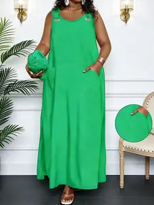 Plus Size Solid Color Basic Casual Dress for Women, Spring Summer New Fashion, Comfortable & Elegant Daily Wear