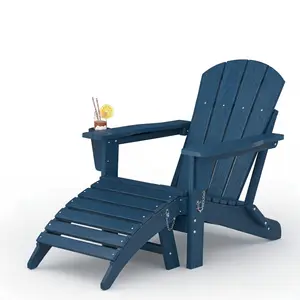 Folding Adirondack Chair Set of 1 with Ottoman, All-Weather HDPE Outdoor Chair, Wooden Textured with Cup Holder for patios, Decks, Gardens, fire pits, Navy Blue