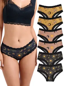 6-PACK Women's Lace Trim Panties Set, All-Over Printed Design, Comfortable Fashion Underwear, Casual Style, Fits All Seasons