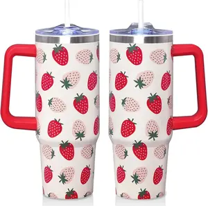 30 Oz Strawberry Tumbler with Handle and Straw, Insulated Stainless Steel Coffee Travel Cup Mug Water Bottle, Kawaii Cute Strawberry Gifts for Women Girls