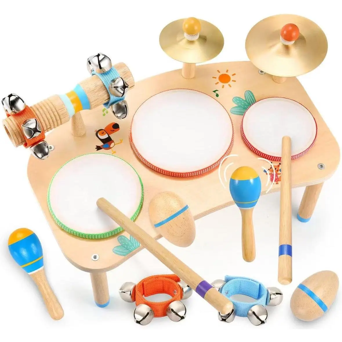 11-in-1 Kids Wooden Drum Set - Baby Sound Toy Music Table for 0-3 Years Toddlers, Includes Bongo Drums, Cymbals, Maracas, Wrist Bells for Early Rhythm Play, Wood, Unisex