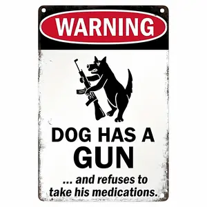 funny metal tin sign，Dog Has a Gun & Refuses Medication" Humorous Metal Warning Sign - Weather-Resistant Aluminum Wall Decor for Home, Bar, Cafe, Garage - 8x12 inch, Plaque, Wall Art Decor