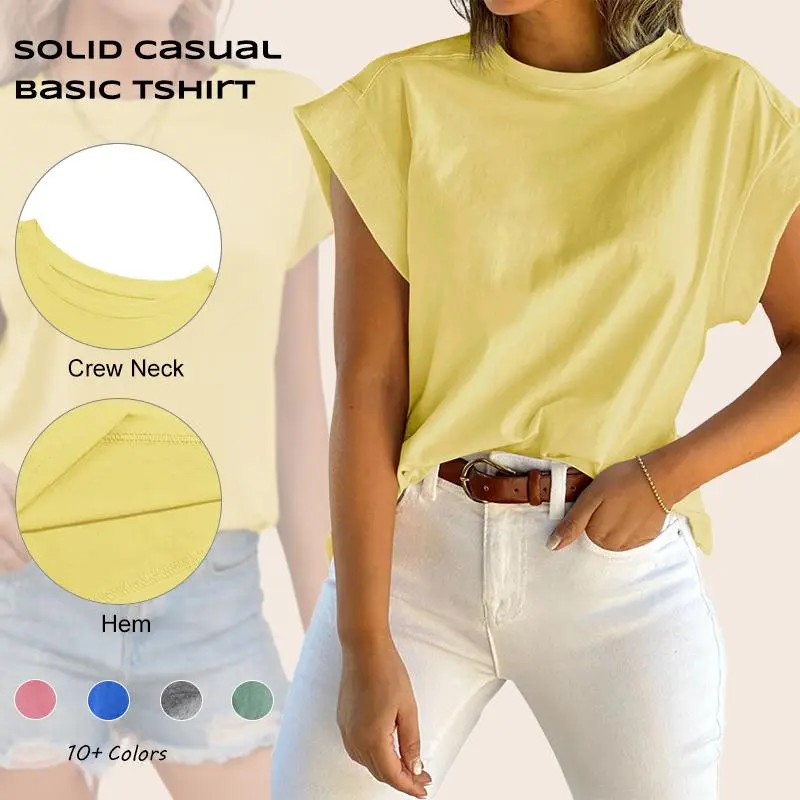 Imily Bela Womens Summer Cap Sleeve Tank Top Crew Neck Solid Casual Loose Fit Basic Tee Shirt