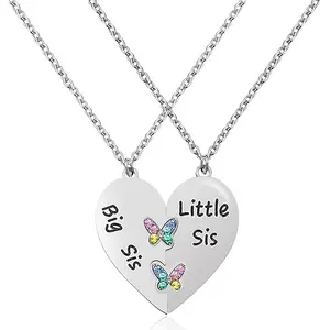 Silver-Big Sis Little Sis+Butterfly Necklace for 2