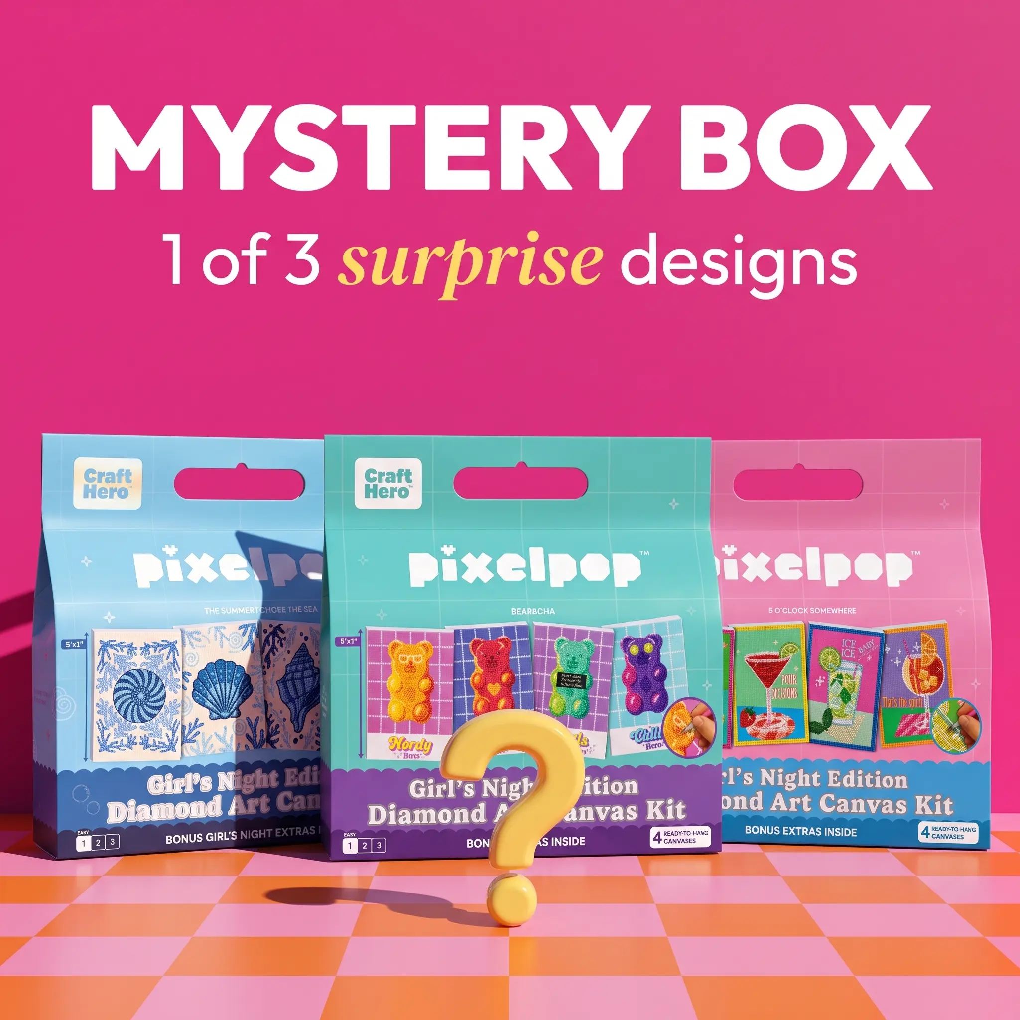 Craft Hero PIXELPOP Girls Night Mystery Box – Diamond Painting Party Kit | 1 of 3 Surprise Themes | 4 Canvases + Sparkle & Sip Game Cards + Playlist | 5x7" Ready-to-Hang Diamond Art | Girls Night In, Bachelorette & Bestie Gift
