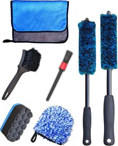 Oesee Professional 4 Pack Long Handle Wheel Brush Kit for Cleaning Wheel and Tire- 2X Soft Wheel Cleaning Brush, Detailing Brush and Stiff Tire Brush, Bendable& Durable Wheel Rim Cleaner Brush Set oesee