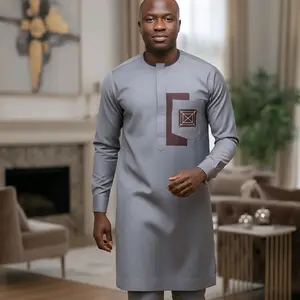 Authentic African Men's Fashion Kaftans Senator Styles Gray Long Sleeve with Unique Design High-Quality Breathable Fabrics Neat Stitching Durable Finishing Modern Patterns Stylish Embroidery Elegant Colors