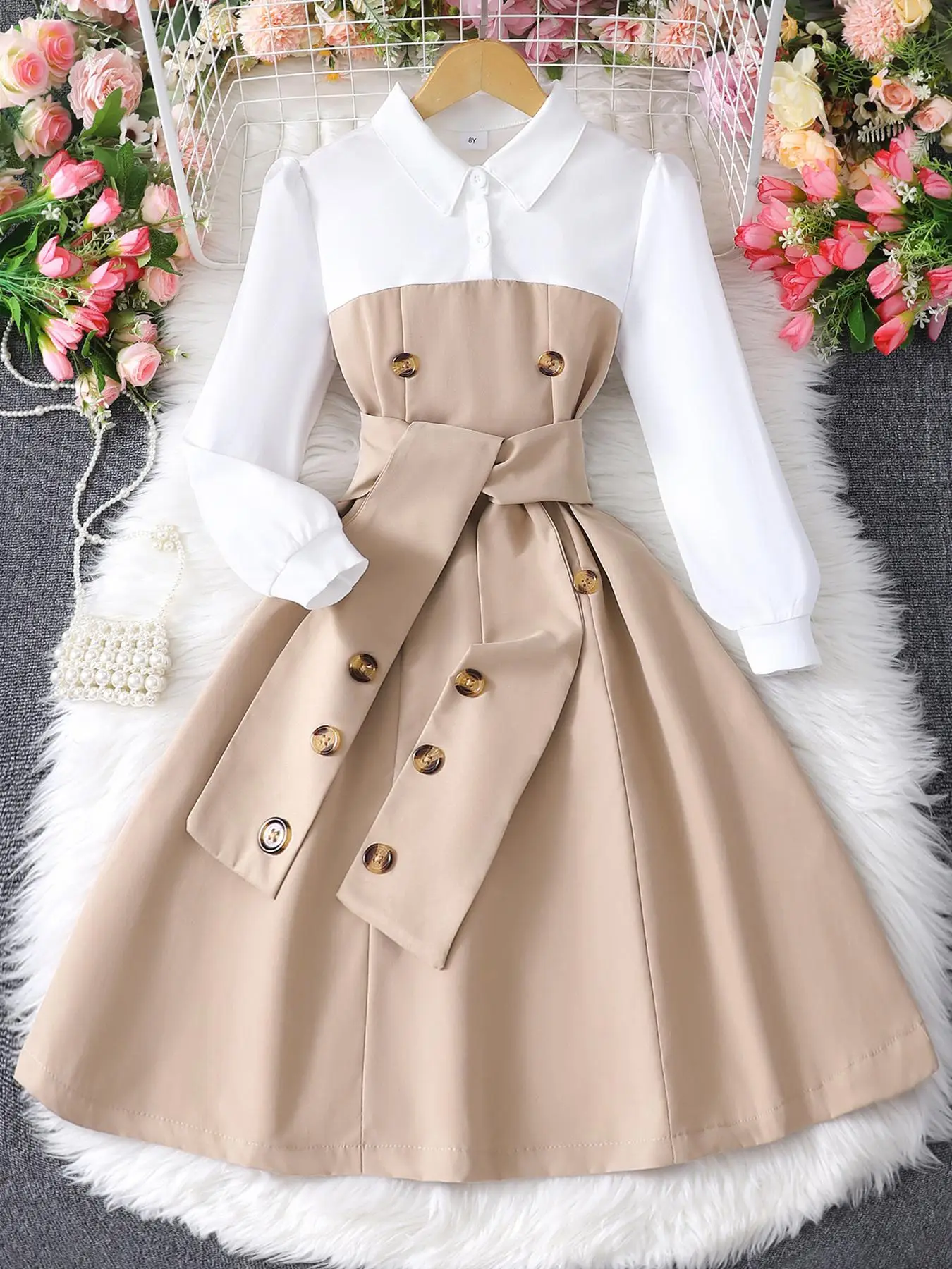 Girl's Solid Double Button Belted Shirt Dress, Casual Bishop Sleeve Collared Midi Dress for Fall & Winter, Kids Clothes for Daily Wear
