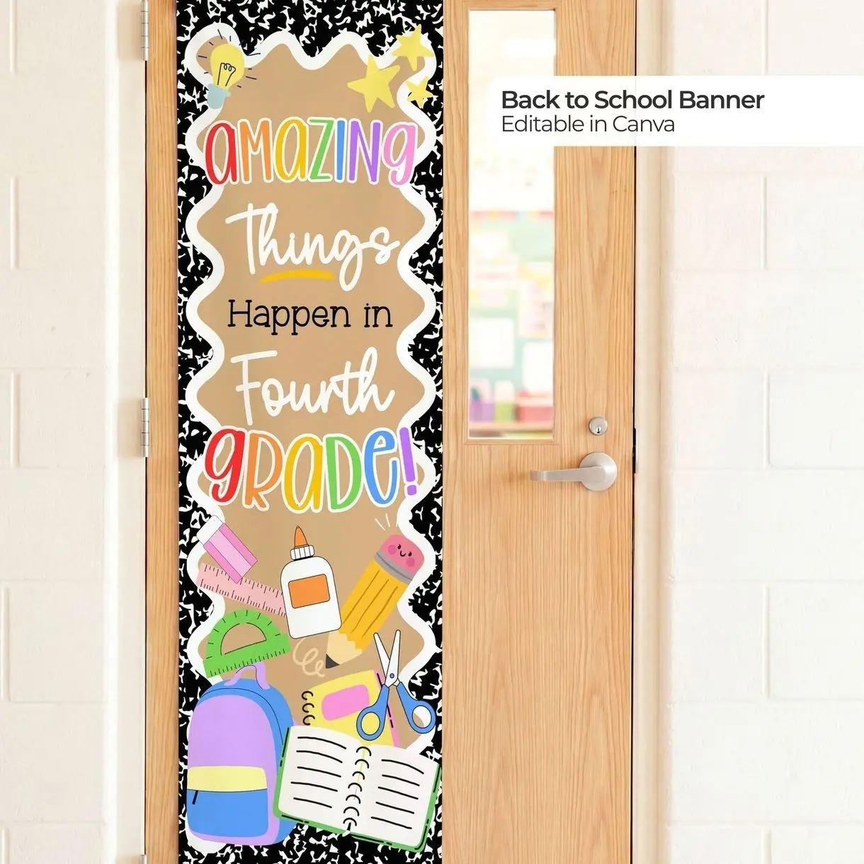 Back to School Classroom Door Banner, Amazing Things Happen Here, Composition Book, Rainbow Teacher Sign