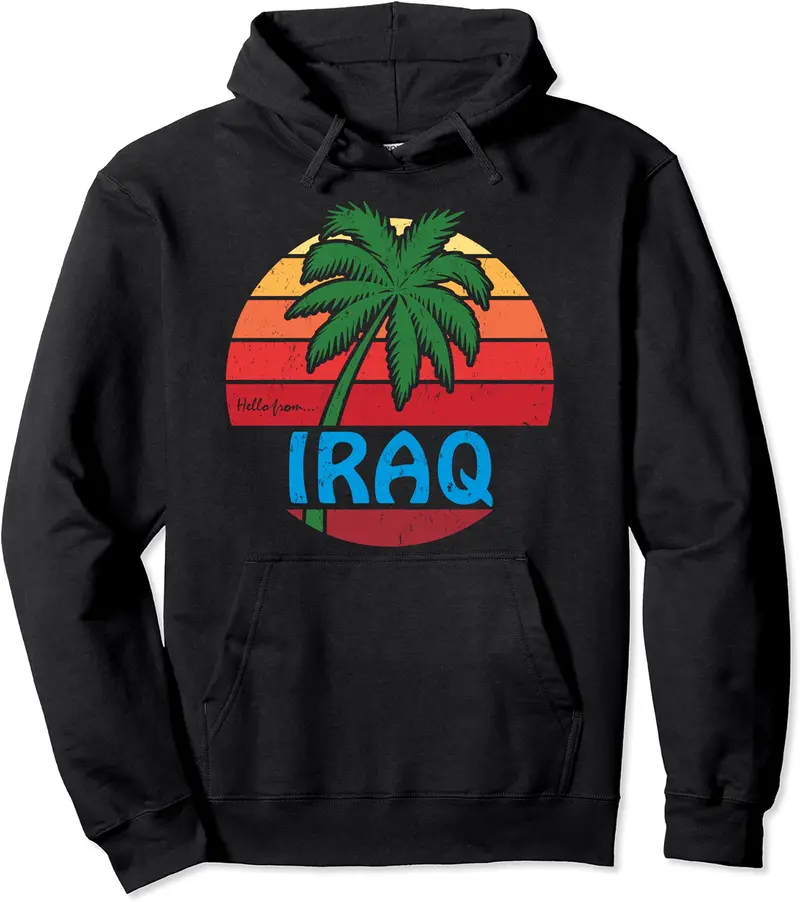 Hello From Iraq: Funny Palm Tree Beach Graphic Pullover Hoodie - Terrancecar Shop 54B08HK8SL2B