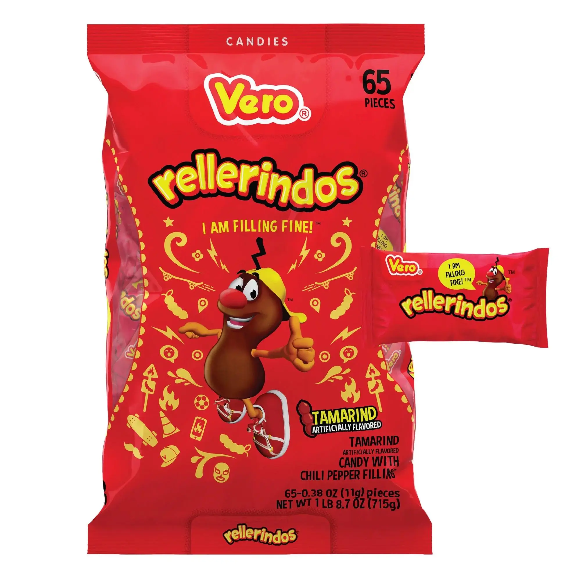 Vero Rellerindos Tamarind Flavored Candy, Chili Pepper, 24.7 oz, 65 Ct Snack Sweet And Spicy Mexican Candy Dulces Mexicanos candies Bonbon