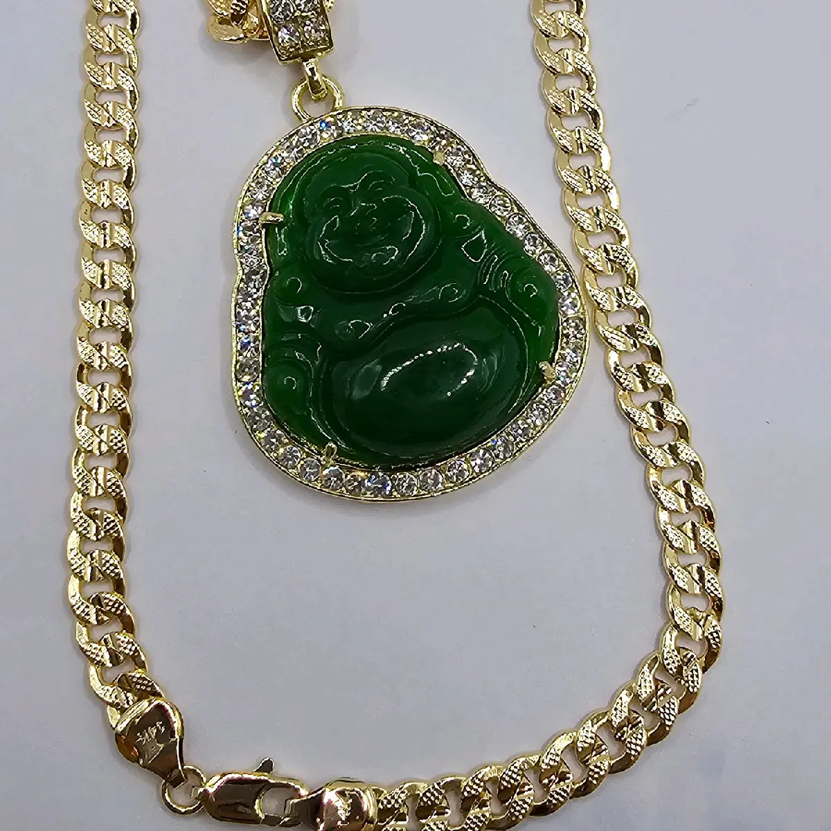 BUDDHA religious necklace Cuban link style gold-plated green color pendant with stone's