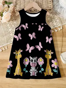 Cartoon Animal Print Girls' Halter Dress, Comfortable Breathable Holiday Tent Dress, Casual Summer Fashion, Kids Clothing