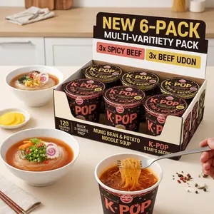 OTTOGI K-Pop Star's Secret 6-Pack: Low Calorie Korean Glass Noodle Soup (Spicy Beef & Beef Udon Flavor ) - 1.33oz Cup, Non-Fried Healthy Instant Meal Food