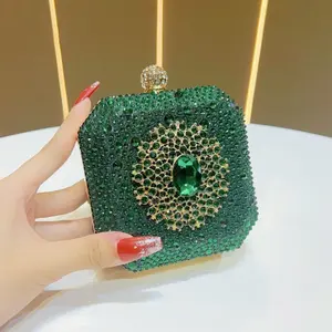Emerald Green Mini Box Clutch, High-end Stylish Unique Women Evening Bag with Sparkling Rhinestone Clasp