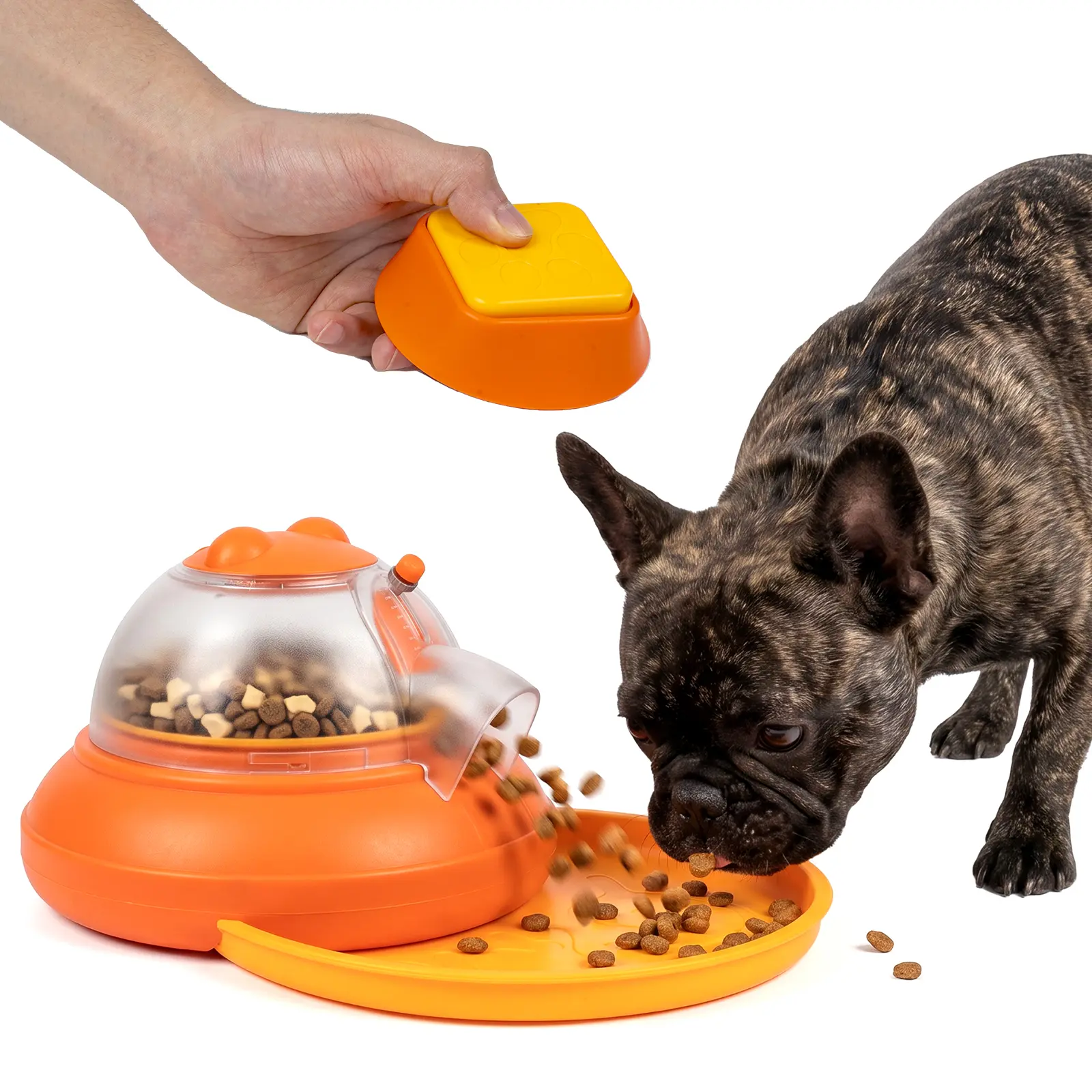 Orange Automatic Dog Training Feeder - 260ml Autofeed Bowl Dispenser with Remote Control, Magnetic Detachable Tray, Anti-Splash, Adjustable Portion, Paw-Operated System, Screwdriver, Suction Cup, Pace Control, Precision Reward for Reward-Based Training