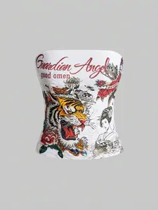 Grunge Punk Y2K Retro Tiger Vine Faux Tattoo Print Tight Crop Top