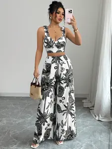 Women's Sun Print 2-Piece Outfit - Flowy Sleeveless Crop Top & High Waist Wide Leg Pants, Boho Aesthetic Beach Vacation Casual Wear With Pockets, OOTD Summer Fashion Essentials