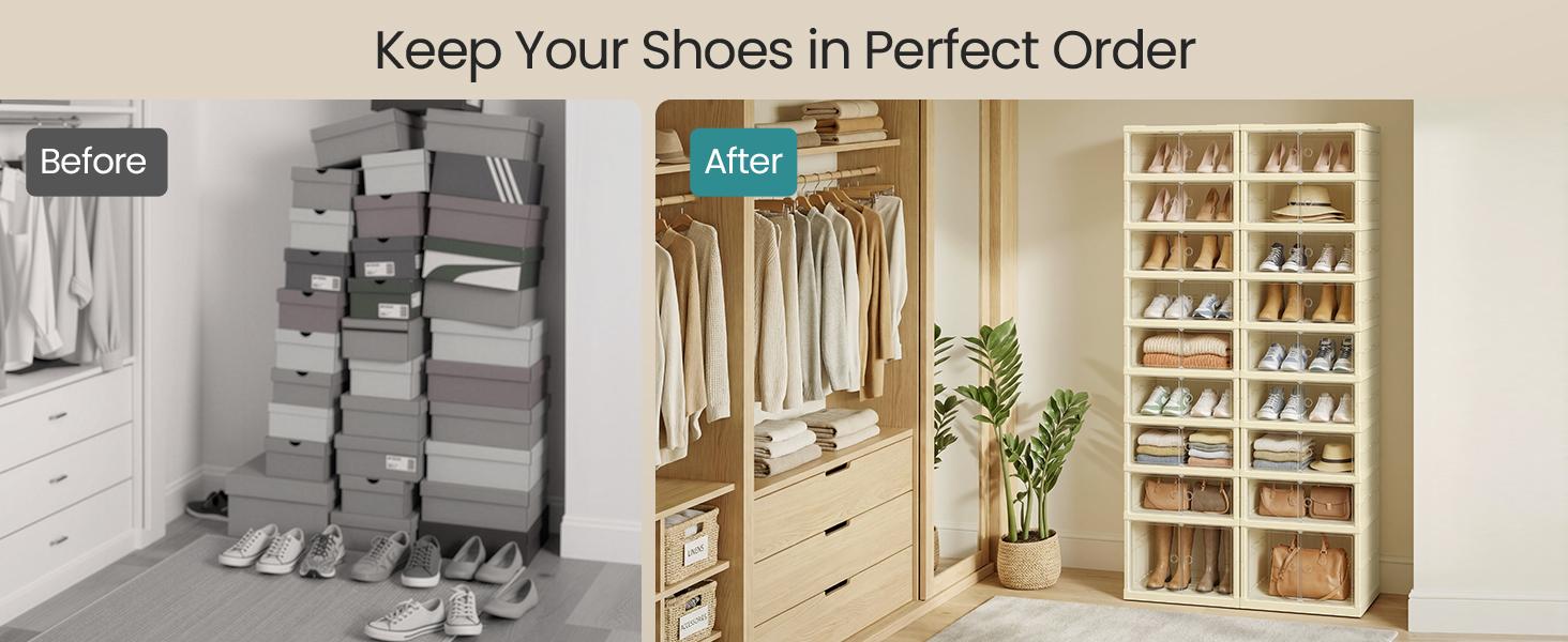 SONGMICS Foldble Shoe Storage Organizer for Closet, Stackable Sneaker Cabinet with Magnetic Door, Large Plastic Container Bins for Living Room, Entryway