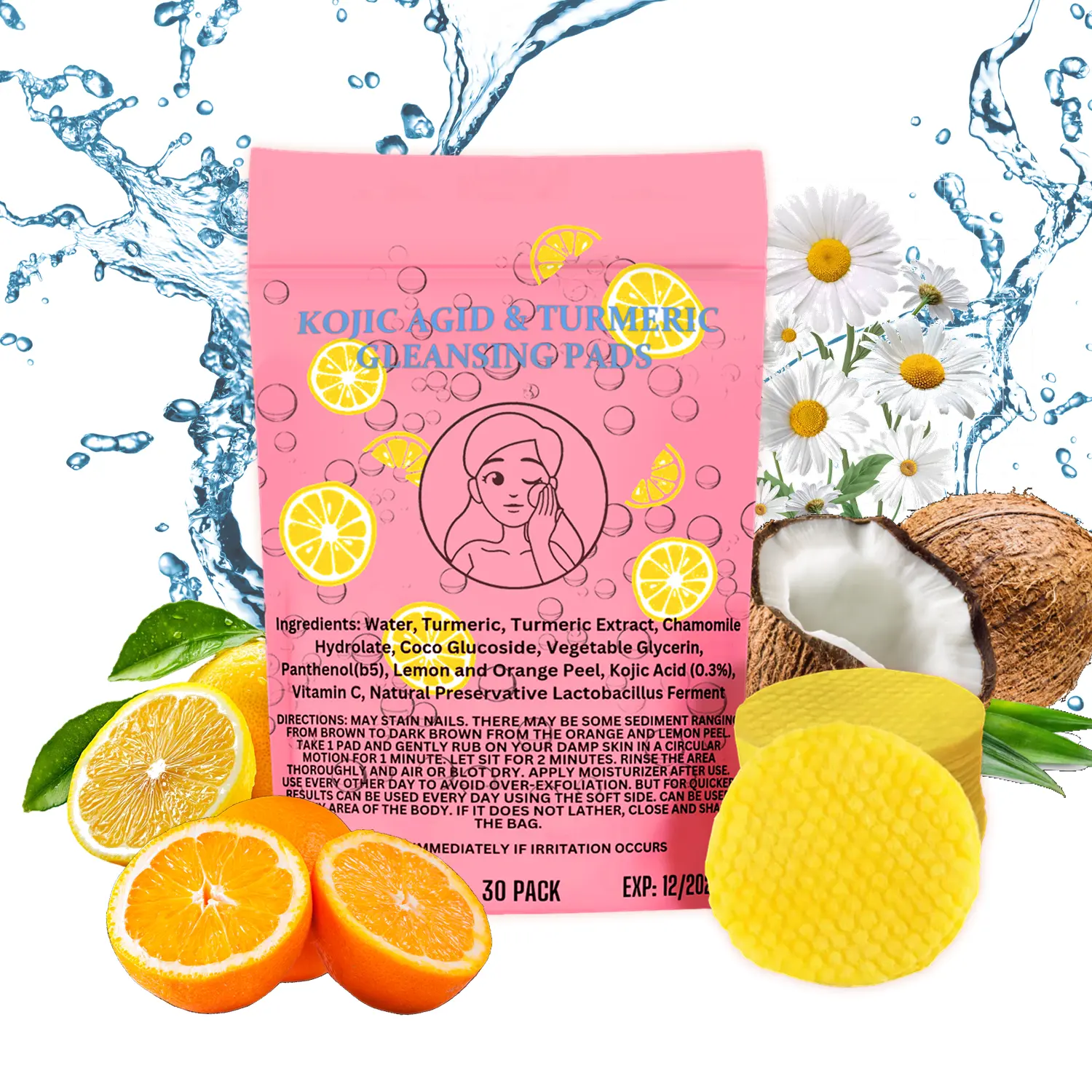 30-Count Turmeric Kojic Acid Hypoallergenic Facial Cleansing Pads, Alcohol-Free Hydrating Makeup Remover, Mild Non-Irritating Exfoliator for Dry Skin, Brightening Multi-Pack Suitable for All Skin Types,summerwins