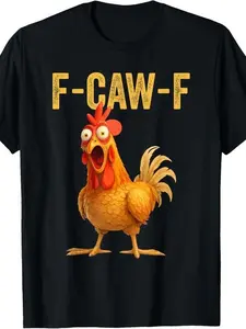 Men's Cotton Unisex Funny F-Caw-F Chicken Short-Sleeve Round Neck Casual T-Shirt - Streetwear Graphic Tee, 2026 Masters Merch, Hannah Montana 20th Anniversary Merch, 90s Menswear