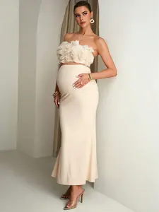 TAMALLA Pregnancy Solid Color Ruffle Trim Cropped Camisole Top And Adjustable Waist Mermaid Hem Skirt Elegant 2-Piece Set Summer Outfits Pregnancy Dress For Photoshoot  Wedding Guest Dress