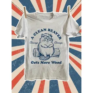 Vintage Women'S Beaver Pattern T-Shirt - Distressed "Always Get More Wood" Logging Graphic Featuring a Beaver And Log Print, Casual Short Sleeve Round Neck Summer Top, White Shirt Ideal for Outdoor Themed Everyday Use (Machine Washable)