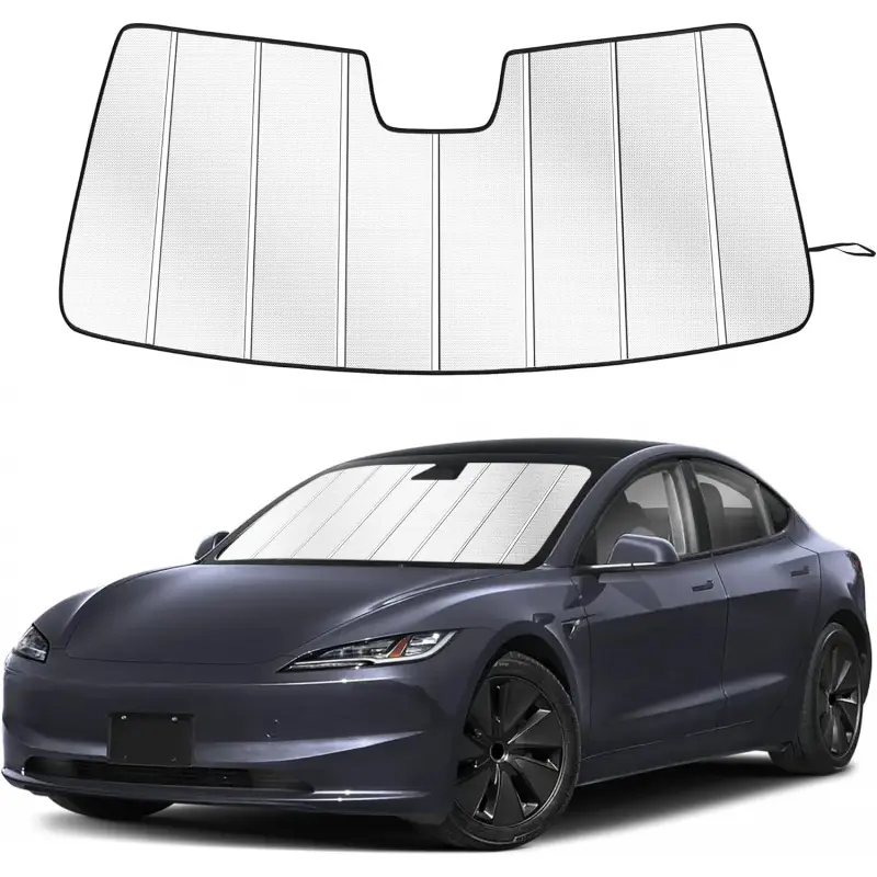 Custom-Fit Vehicle-Specific Car Exterior Windshield Sun Shade for Tesla Model 3 (2024-2026) - Foam-Layered, Accordion Fold, Full Coverage, 99% UV Blockage, Easy Install, All-Seasons Daily Driving Accessory