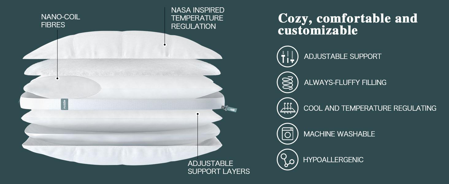 Nuzzle Cooling Adjustable Pillow for Side Sleepers, Luxury Bed Pillow Hotel Collection - Best Adjust Height Soft Firm Pillow for Back, Stomach or Side Sleepers - Home Gifts