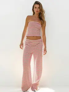Women's Fashion Colorblock Striped Slim Fit Crop Top & High Waist Wide Leg Pants Set, Casual Summer, Ladies Clothing