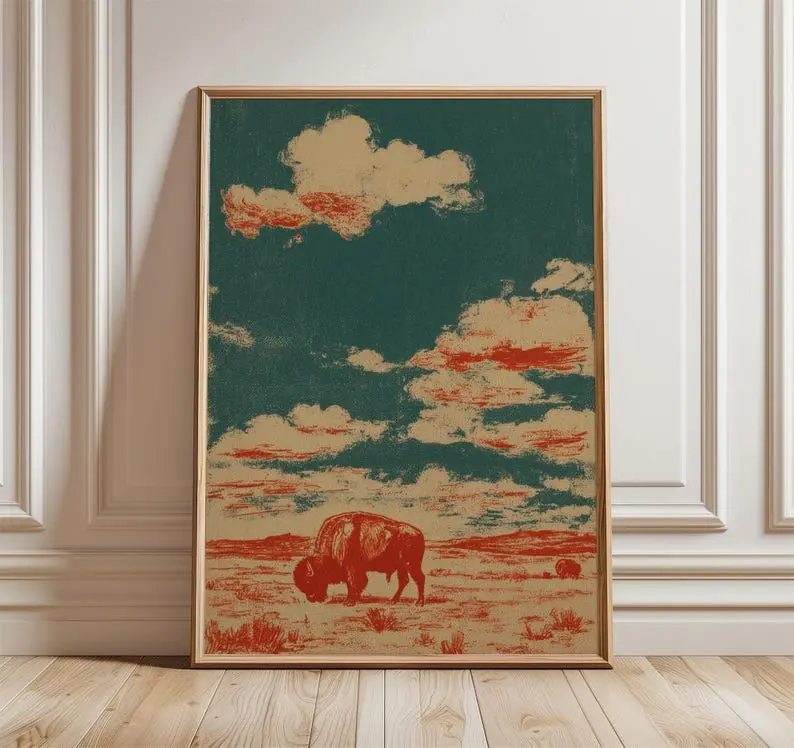 Vintage Bison Wall Art Western Poster Rustic Wildlife Desert Home Decor