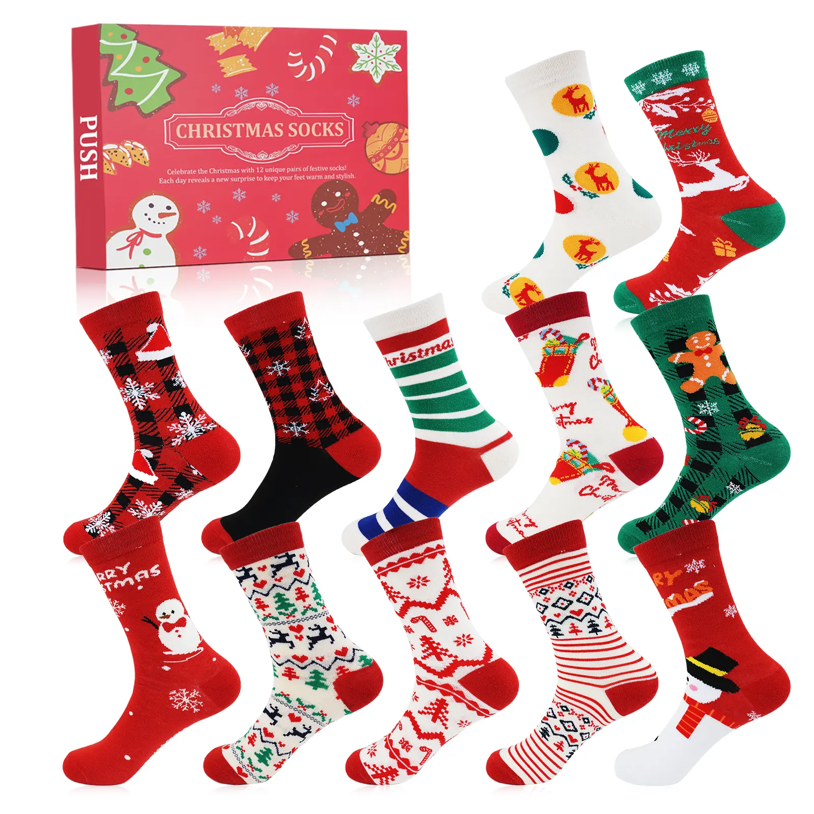 2026 Christmas Gifts– 12 Days of Christmas Warm Socks for Women, Holiday Party Gifts, 12 Pairs with Christmas Tree, Elk, & Snowman Designs, Cozy Womenswear & Underwear Calendar Comfort