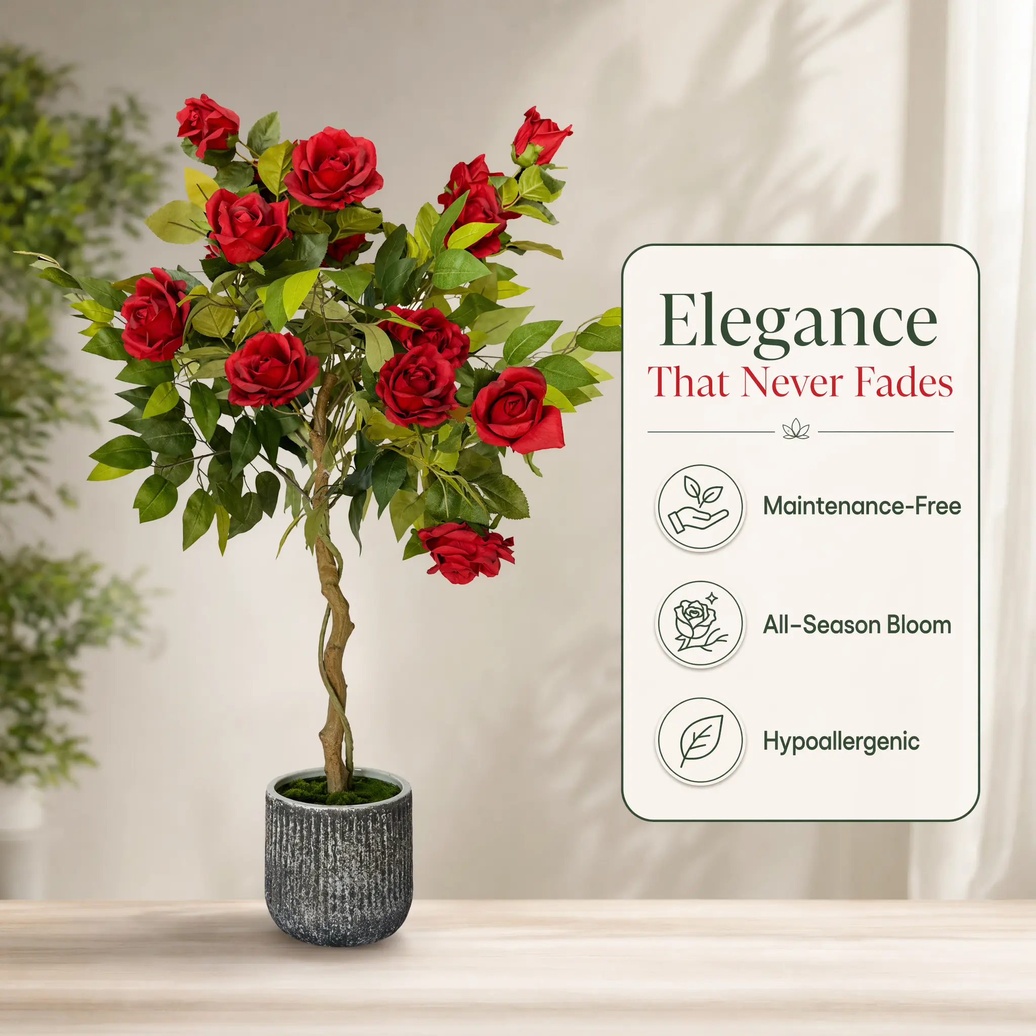 Artificial Red Rose Tree in Gray Pot - Low-Maintenance Silk Fake Flower Arrangement, Home Decor for Living Room, Father's Day & Girlfriend Birthday Gifts