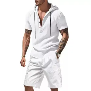 Men’s summer short-sleeve casual set featuring relaxed shorts; lightweight, skin-friendly, breathable, quick-drying fabric; minimalist hooded design that’s stylish and eye-catching; loose fit that doesn’t feel tight—ideal for everyday commuting and outing