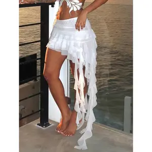 Women's Plain Ruffle Hem Asymmetrical Hem Skirt with Ribbon Design, Street Fashion Low Waist Tiered Layer Mini Skirt for Daily Wear, Ladies Summer Bottoms, Elegant Chic SkirtGift