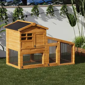 54" Natural Oak Rabbit Hutch, 2-Tier Wooden Bunny Cage with Non-Slip Ramp & Removable Tray, Indoor/Outdoor Bunny Cage with Weatherproof Asphalt Roof for Rabbits, Guinea Pigs, Chickens