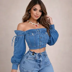 Kendra Off the Shoulder Denim Top - Stylish Blue Jean Crop Top with Long Sleeves and Button Details