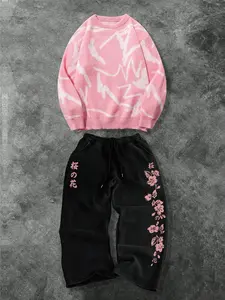 Men's Casual Two Piece Set Soft Round Neck Sweater Drawstring Straight Leg Pants Spring Fall Winter Home Wear 2026 Breathable Lightweight Trendy Loungewear Streetwear Hip Hop Jogging