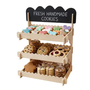 Cookie Display Stand - Wooden Tiered Display Stand with Chalkboard Sign for Vendor Events, Craft Fairs, Bakery & Market - Baked Goods Display for Cookies, Cupcakes, Muffins & Pastries, Easy No-Tool Assembly