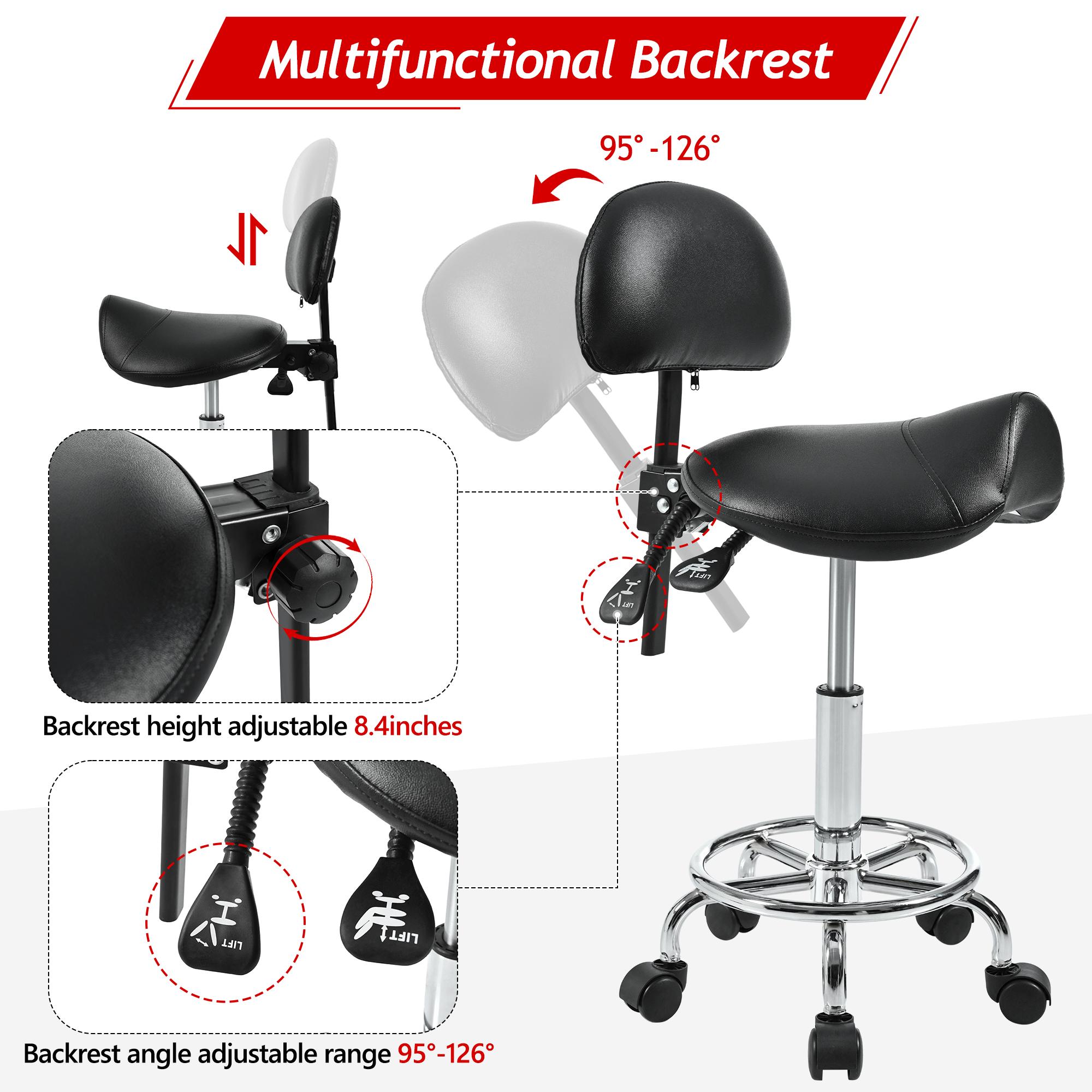 Saddle Stool with Back Support, Rolling Stools with Foot Rest, Ergonomic Adjustable Stool with Wheels, Backrest Adjustable Height & Angle for Salon Spa Tattoo Massage Swivel Stool Chair Saddle Stool with Back Support, Rolling Stools with Foot Rest, Ergonomic Adjustable Stool with Wheels, Backrest Adjustable Height & Angle for Salon Spa Tattoo Massage Swivel Stool Chair