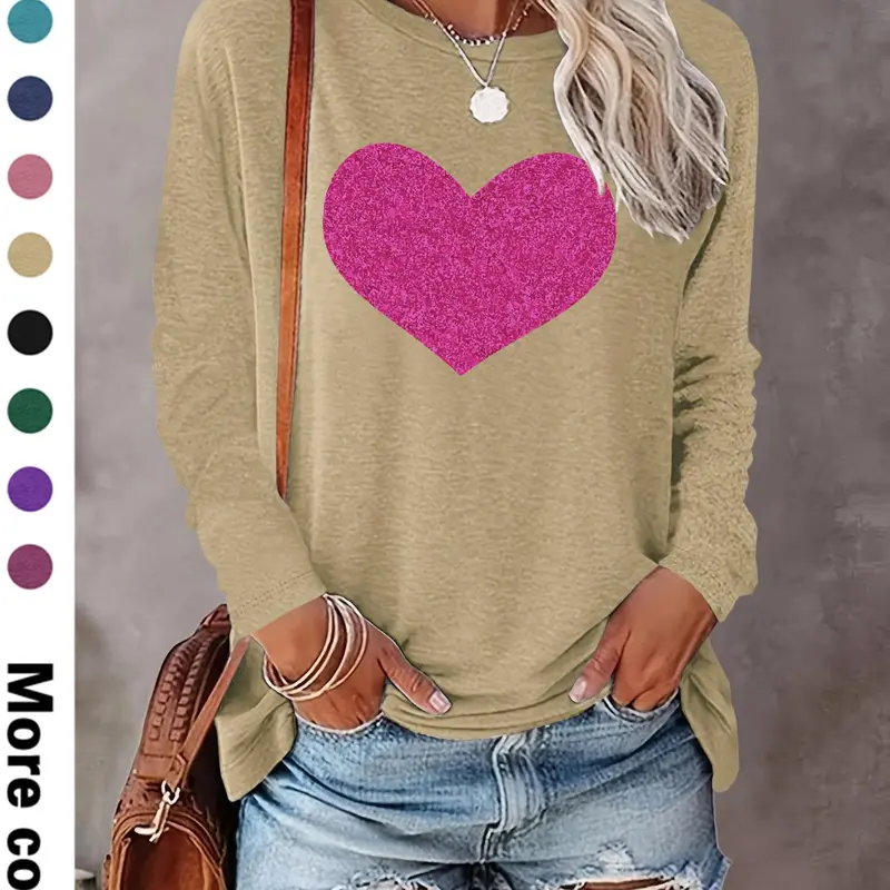 Women's Heart Print Round Neck Sweatshirt, Casual Long Sleeve Crew Neck Pullover for Fall & Winter, Women's Clothes for Daily Wear, Aesthetic casual pullover